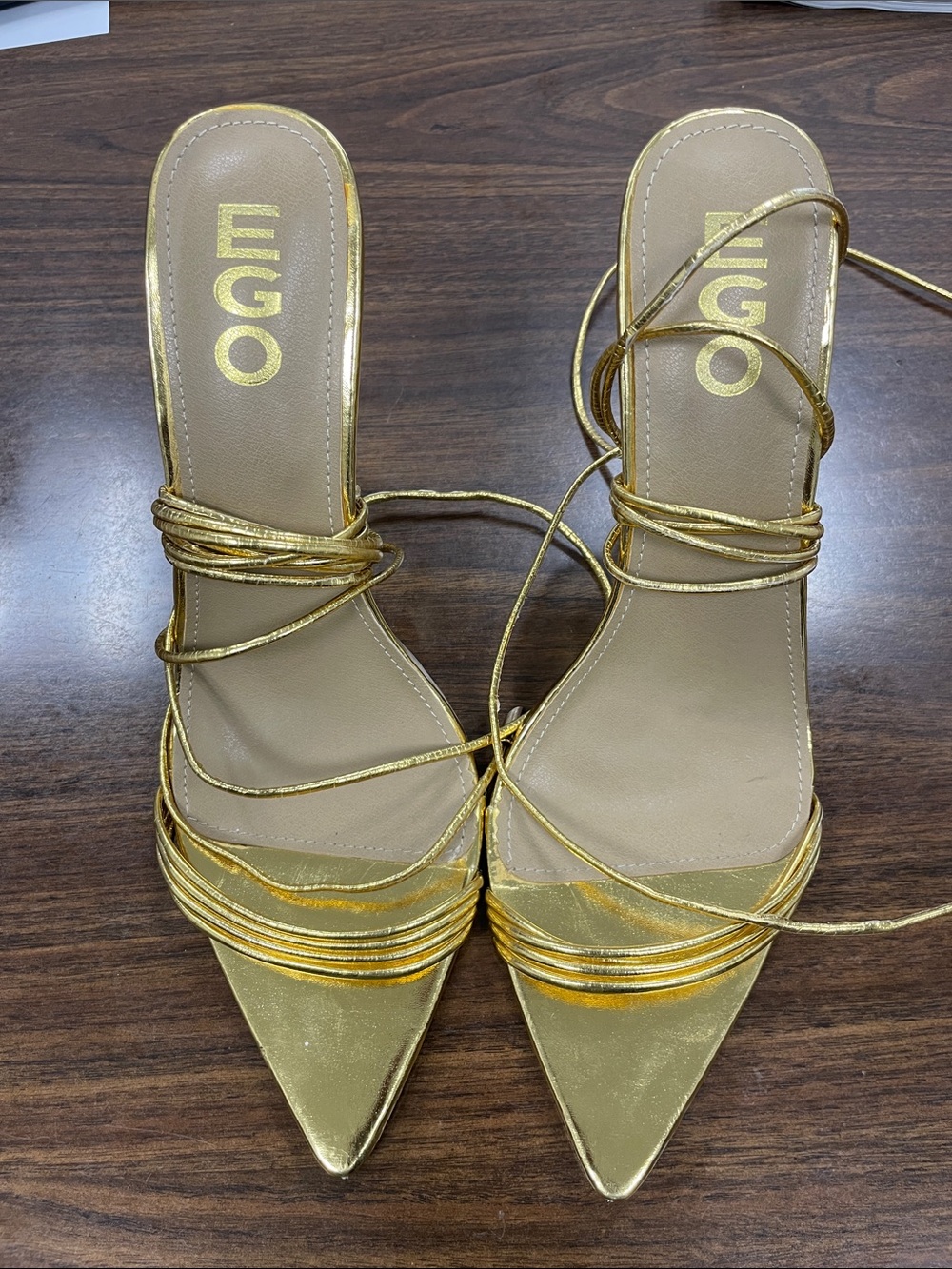 EGO Gold Pointed Toe Lace-Up Heels